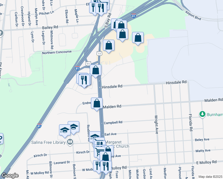 map of restaurants, bars, coffee shops, grocery stores, and more near 105 Holiday Drive in Syracuse