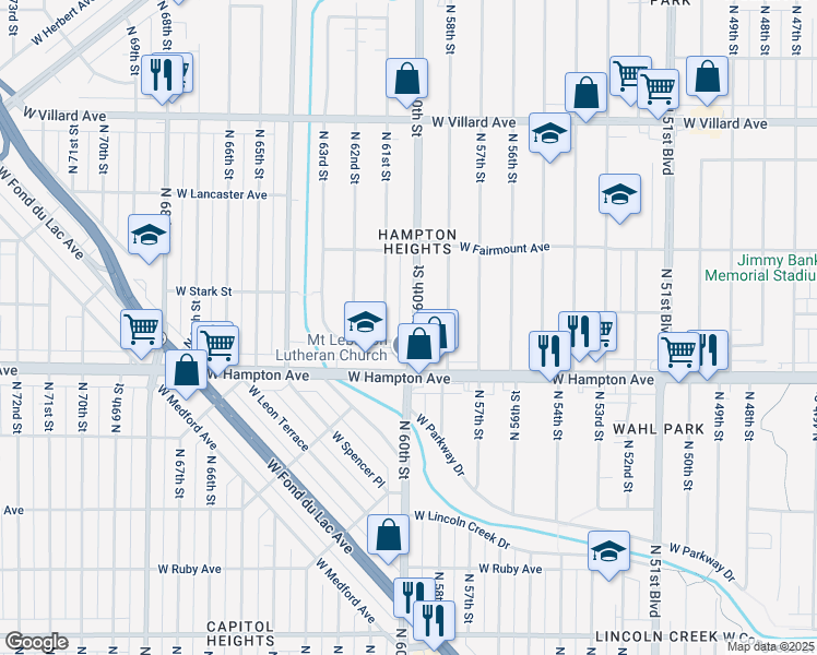 map of restaurants, bars, coffee shops, grocery stores, and more near 4859 North 60th Street in Milwaukee