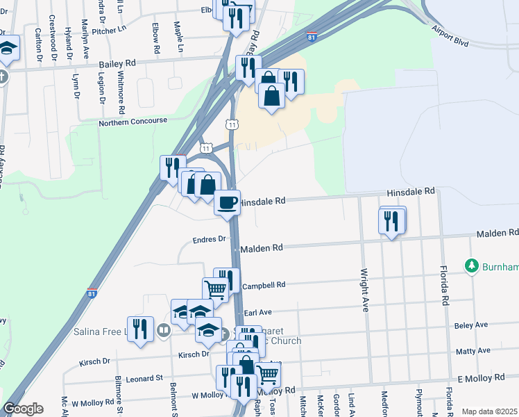 map of restaurants, bars, coffee shops, grocery stores, and more near 105 Holiday Drive in Syracuse