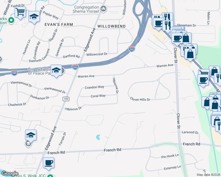 map of restaurants, bars, coffee shops, grocery stores, and more near 30 Coral Way in Rochester