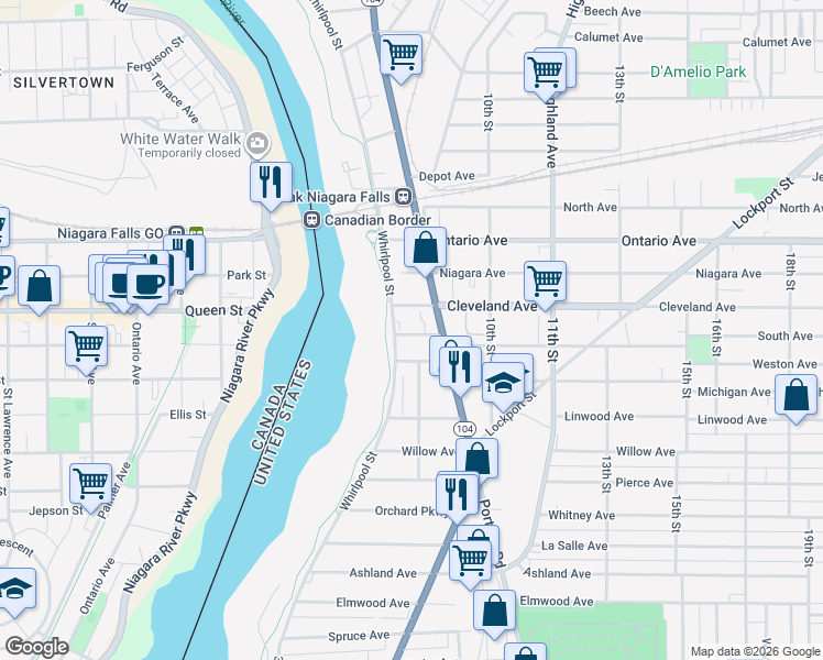 map of restaurants, bars, coffee shops, grocery stores, and more near 720 Division Avenue in Niagara Falls