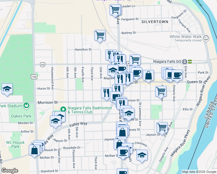 map of restaurants, bars, coffee shops, grocery stores, and more near in Niagara Falls