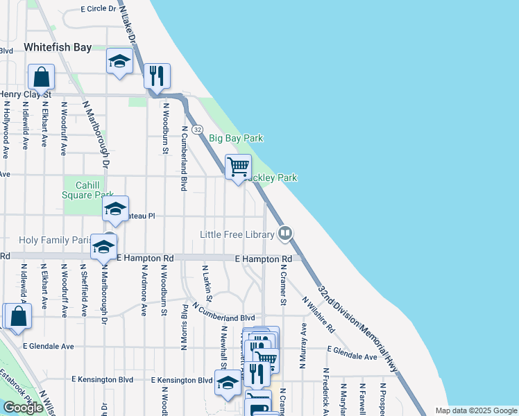 map of restaurants, bars, coffee shops, grocery stores, and more near 4870 North Bartlett Avenue in Whitefish Bay