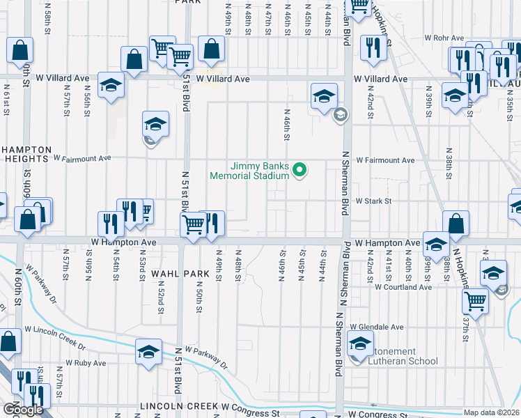map of restaurants, bars, coffee shops, grocery stores, and more near 4833 North 47th Street in Milwaukee