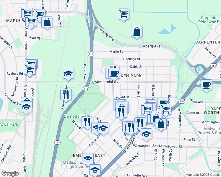 map of restaurants, bars, coffee shops, grocery stores, and more near 2605 Scofield Street in Madison
