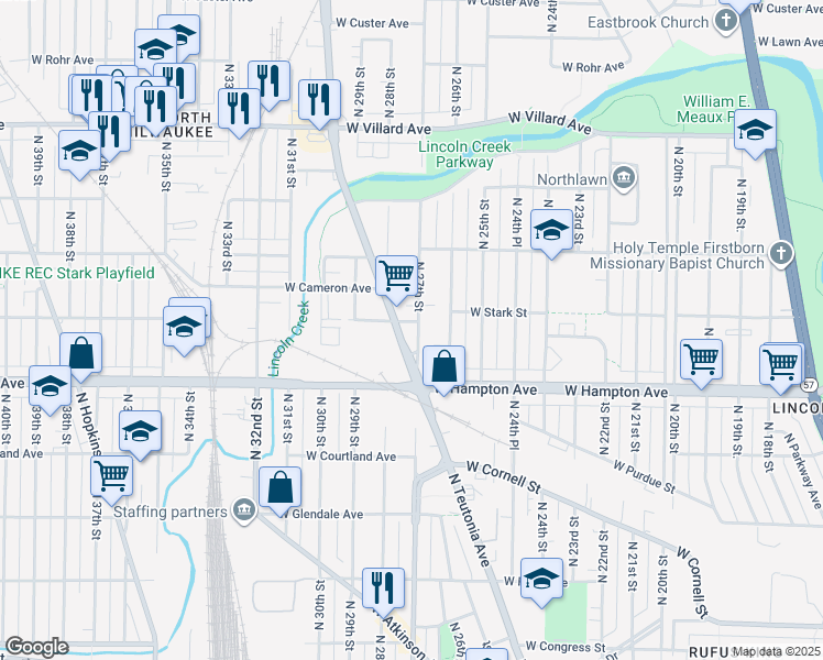 map of restaurants, bars, coffee shops, grocery stores, and more near 4875 North 27th Street in Milwaukee