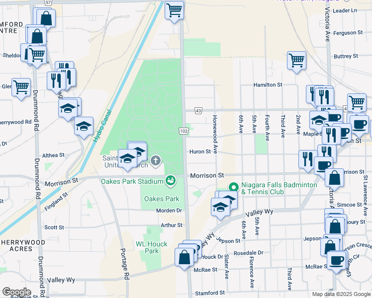 map of restaurants, bars, coffee shops, grocery stores, and more near 10001 Huron Street in Niagara Falls