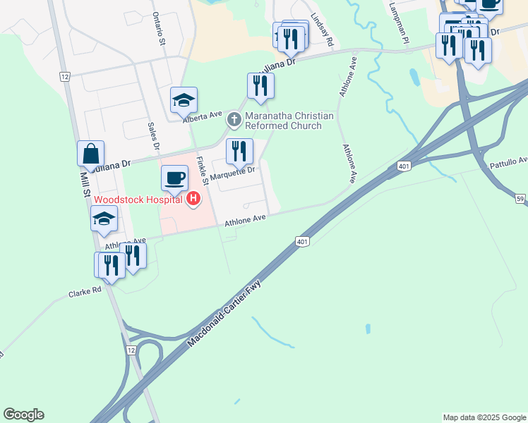 map of restaurants, bars, coffee shops, grocery stores, and more near 588 Champlain Avenue in Woodstock