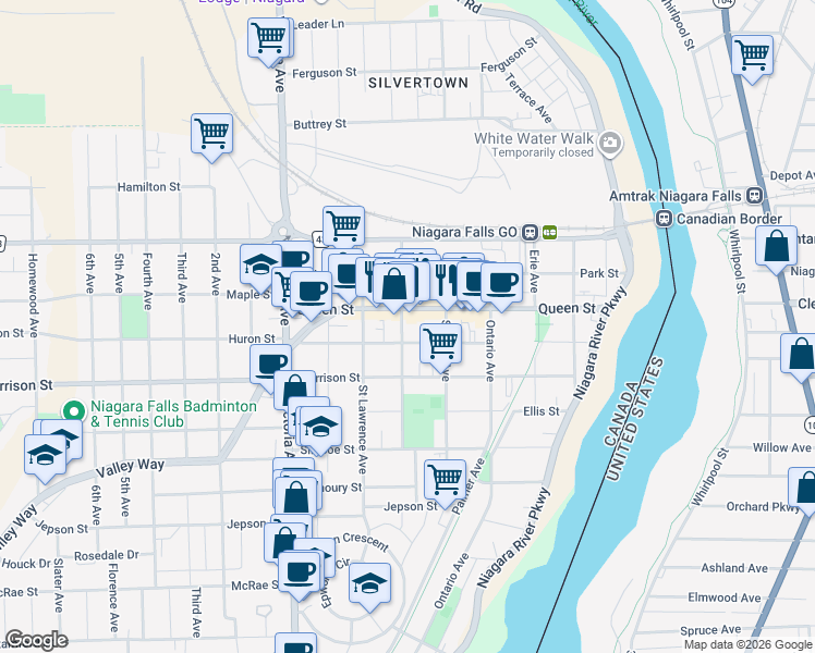 map of restaurants, bars, coffee shops, grocery stores, and more near 4692 Crysler Avenue in Niagara Falls