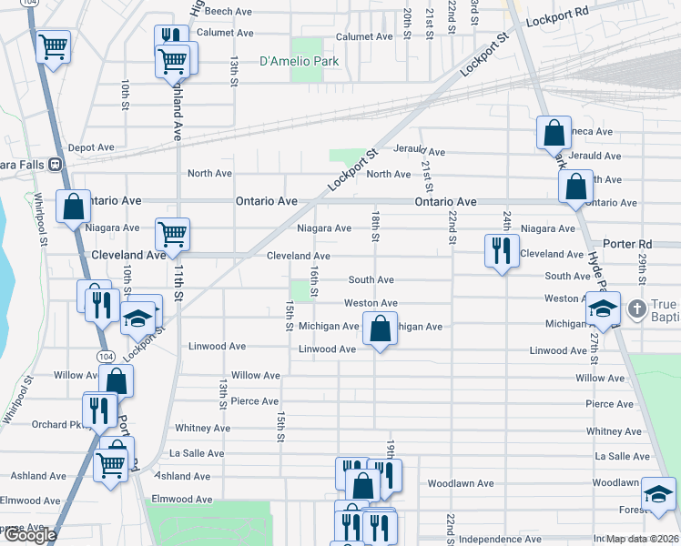 map of restaurants, bars, coffee shops, grocery stores, and more near 1638 Weston Avenue in Niagara Falls