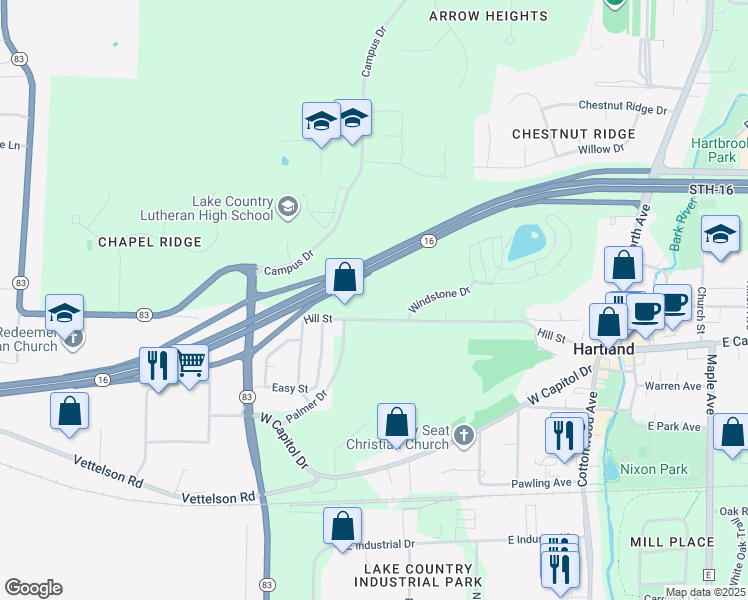 map of restaurants, bars, coffee shops, grocery stores, and more near 664 Hill Street in Hartland