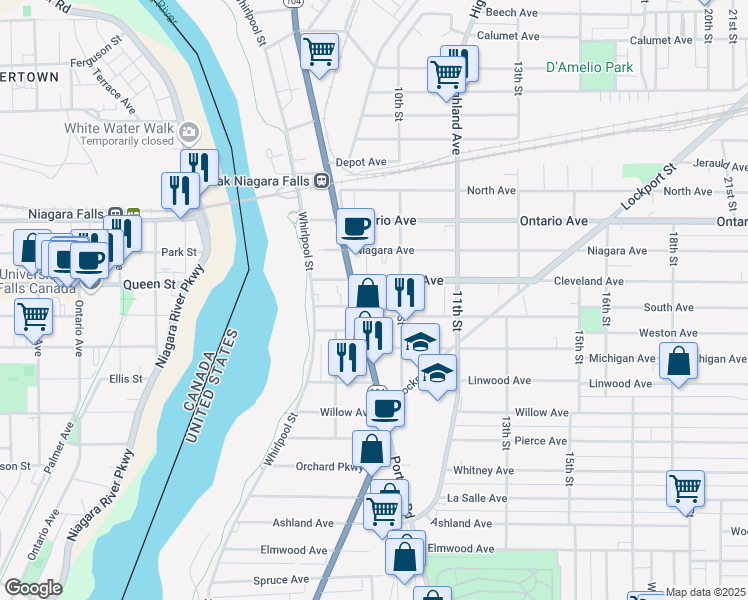map of restaurants, bars, coffee shops, grocery stores, and more near 1925 Main Street in Niagara Falls