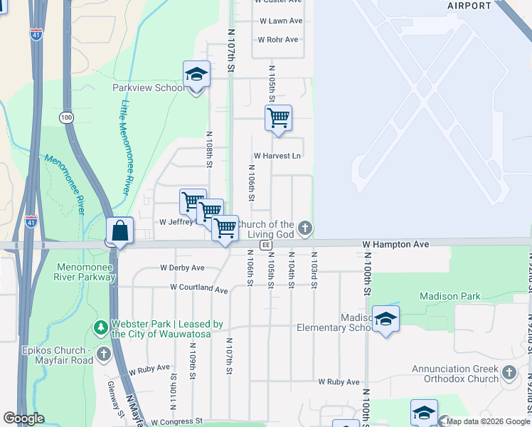 map of restaurants, bars, coffee shops, grocery stores, and more near 4859 North 105th Street in Milwaukee