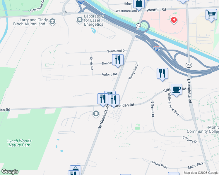 map of restaurants, bars, coffee shops, grocery stores, and more near 10 Lantern Lane in Rochester