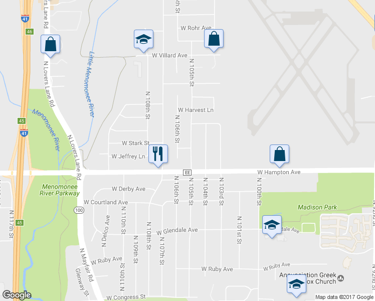 map of restaurants, bars, coffee shops, grocery stores, and more near 4859 North 105th Street in Milwaukee