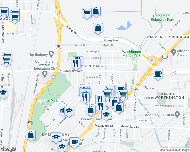 map of restaurants, bars, coffee shops, grocery stores, and more near 2618 Fairfield Place in Madison