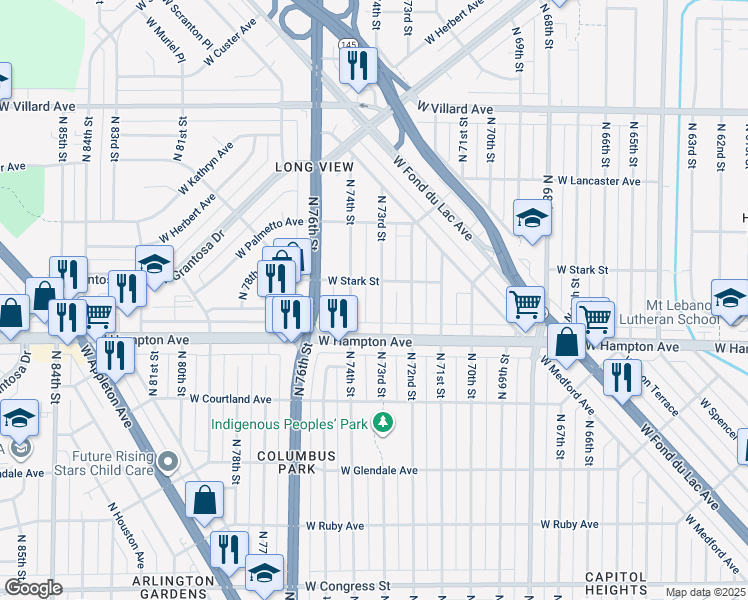 map of restaurants, bars, coffee shops, grocery stores, and more near 4851 North 73rd Street in Milwaukee