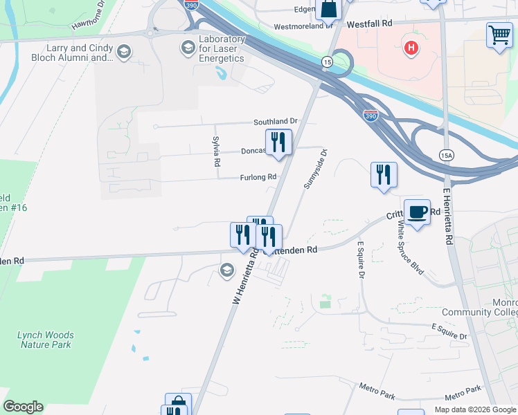 map of restaurants, bars, coffee shops, grocery stores, and more near 10 Lantern Lane in Rochester