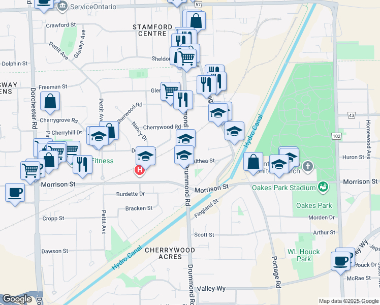 map of restaurants, bars, coffee shops, grocery stores, and more near 4710 Drummond Road in Niagara Falls