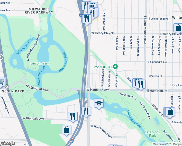 map of restaurants, bars, coffee shops, grocery stores, and more near 4866 North Port Washington Road in Glendale