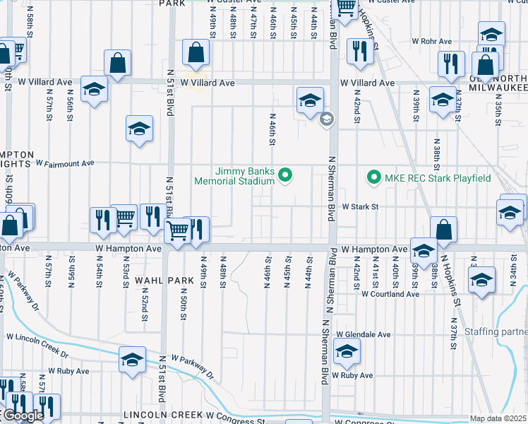 map of restaurants, bars, coffee shops, grocery stores, and more near 4837 North 46th Street in Milwaukee