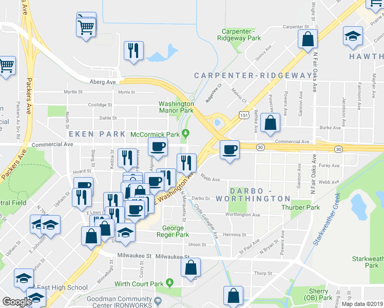 map of restaurants, bars, coffee shops, grocery stores, and more near 3066 East Washington Avenue in Madison