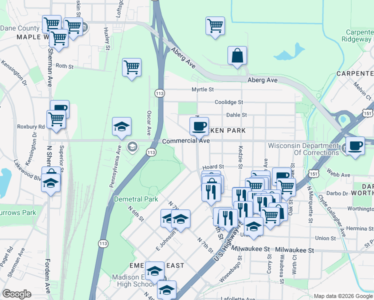 map of restaurants, bars, coffee shops, grocery stores, and more near 2605 Scofield Street in Madison