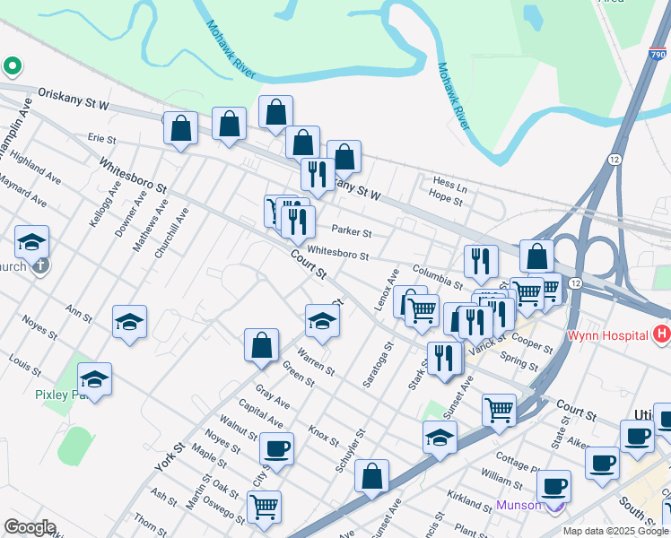 map of restaurants, bars, coffee shops, grocery stores, and more near 612 Cross Street in Utica