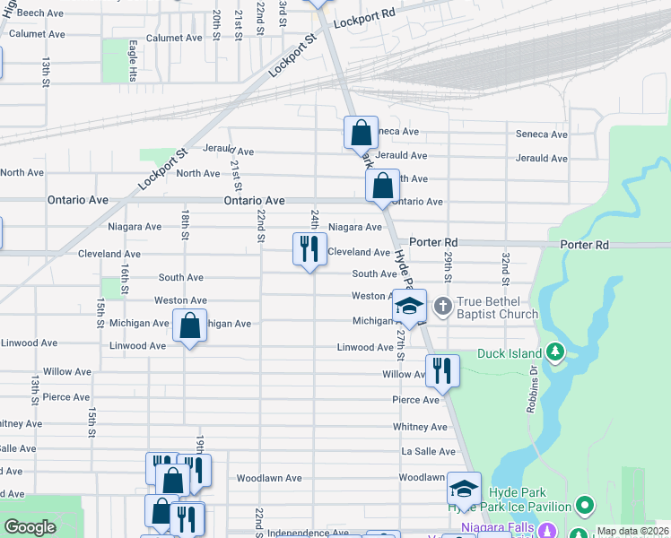 map of restaurants, bars, coffee shops, grocery stores, and more near 2438 Weston Avenue in Niagara Falls
