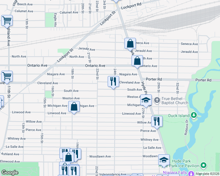 map of restaurants, bars, coffee shops, grocery stores, and more near 2260 Weston Avenue in Niagara Falls