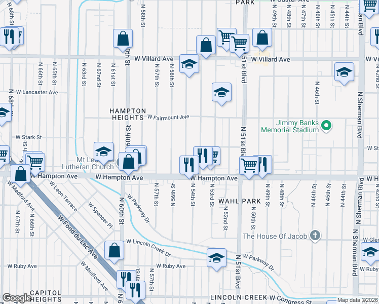 map of restaurants, bars, coffee shops, grocery stores, and more near 4830 North 55th Street in Milwaukee