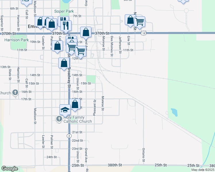 map of restaurants, bars, coffee shops, grocery stores, and more near 1601-1799 17th Street in Emmetsburg