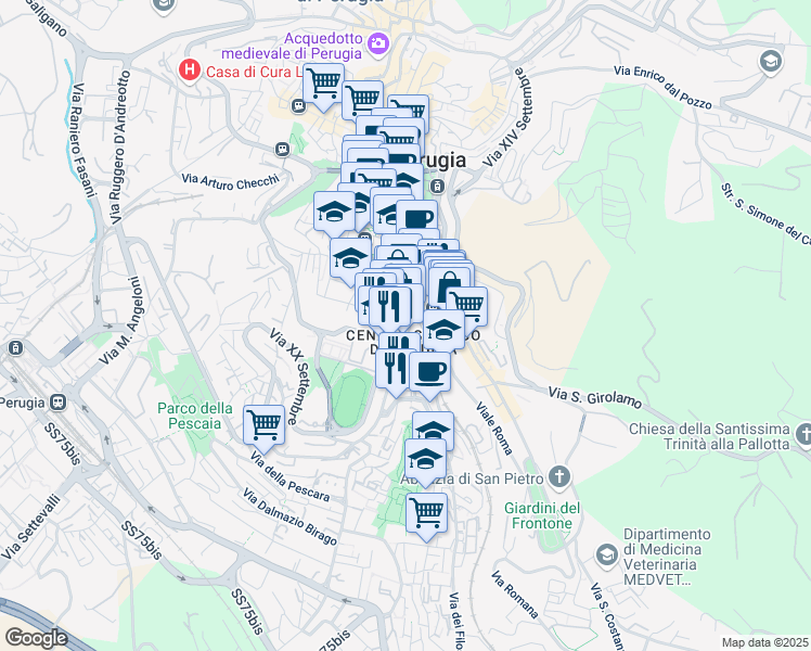 map of restaurants, bars, coffee shops, grocery stores, and more near Via dei Filosofi in Perugia