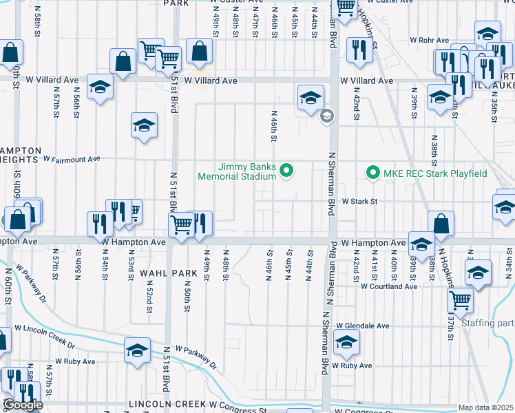 map of restaurants, bars, coffee shops, grocery stores, and more near 4837 North 46th Street in Milwaukee