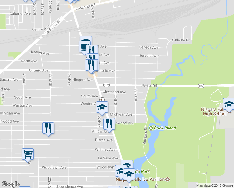 map of restaurants, bars, coffee shops, grocery stores, and more near 2903 Cleveland Avenue in Niagara Falls