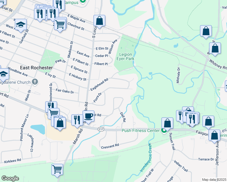 map of restaurants, bars, coffee shops, grocery stores, and more near 217 Ridgeview Drive in East Rochester