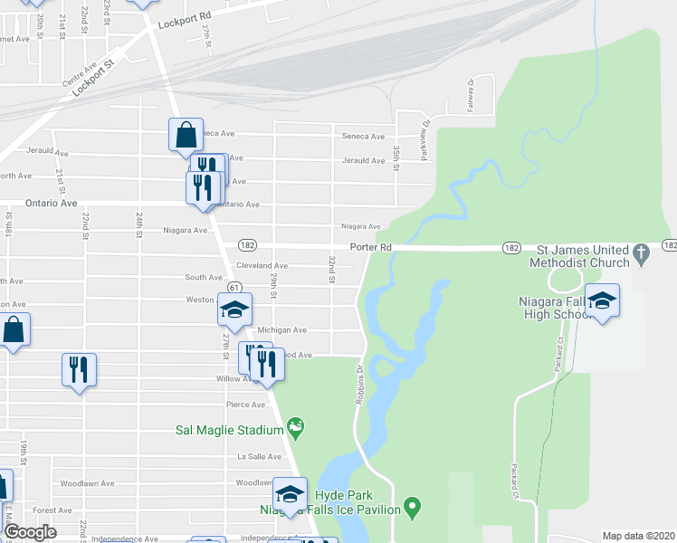 map of restaurants, bars, coffee shops, grocery stores, and more near 3205 Cleveland Avenue in Niagara Falls