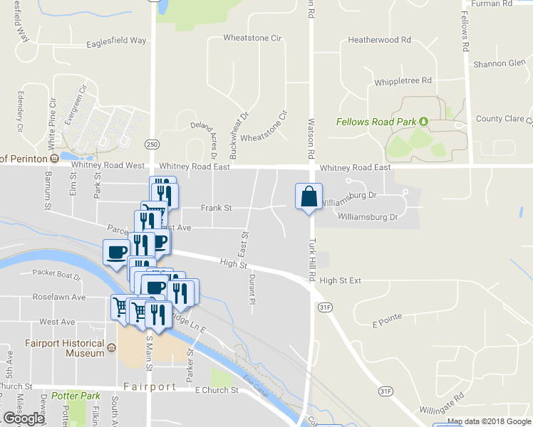 map of restaurants, bars, coffee shops, grocery stores, and more near 14 Fireside Lane in Fairport