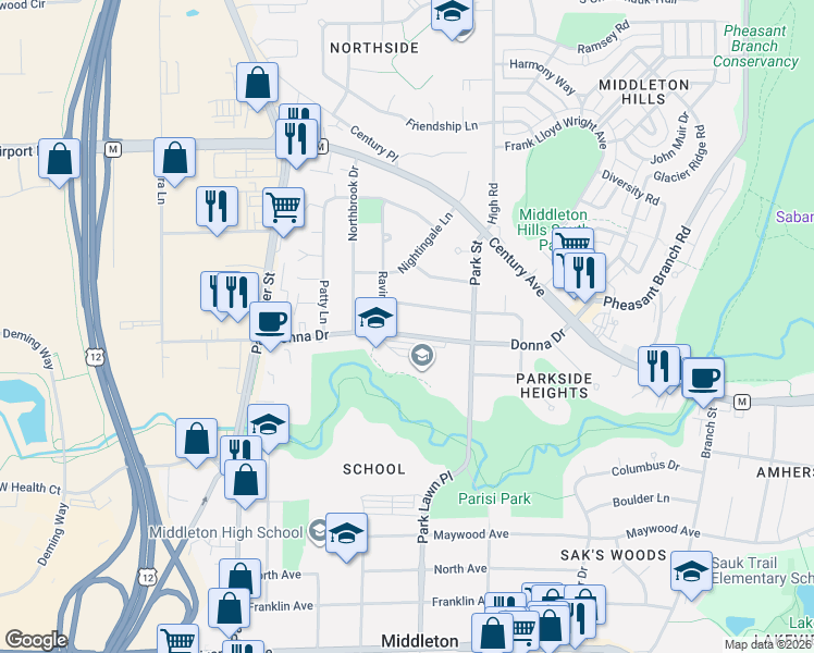 map of restaurants, bars, coffee shops, grocery stores, and more near 7110 Donna Drive in Middleton