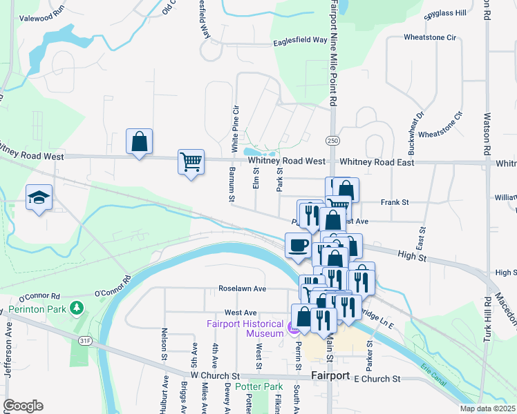 map of restaurants, bars, coffee shops, grocery stores, and more near 16 Elm Street in Fairport