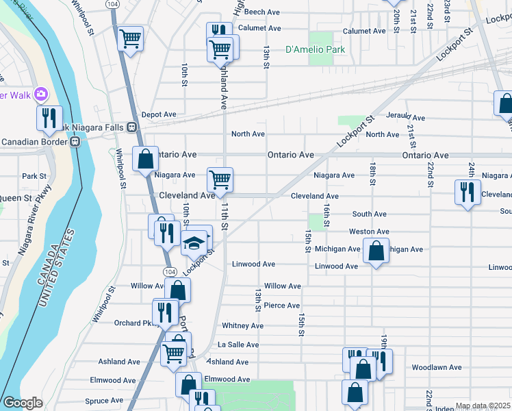 map of restaurants, bars, coffee shops, grocery stores, and more near 1134a New York 182 in Niagara Falls