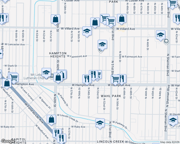 map of restaurants, bars, coffee shops, grocery stores, and more near 4916 North 55th Street in Milwaukee