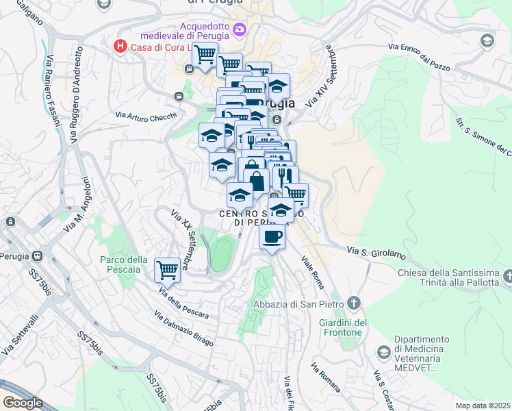 map of restaurants, bars, coffee shops, grocery stores, and more near 5 Via Fiume in Perugia