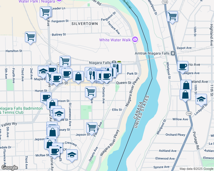map of restaurants, bars, coffee shops, grocery stores, and more near 4388 Queen Street in Niagara Falls