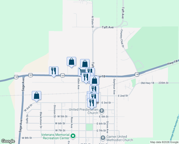 map of restaurants, bars, coffee shops, grocery stores, and more near 284 Taft Avenue in Garner