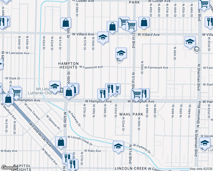 map of restaurants, bars, coffee shops, grocery stores, and more near 4916 North 55th Street in Milwaukee