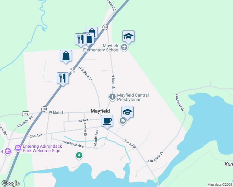 map of restaurants, bars, coffee shops, grocery stores, and more near 40 North Main Street in Mayfield
