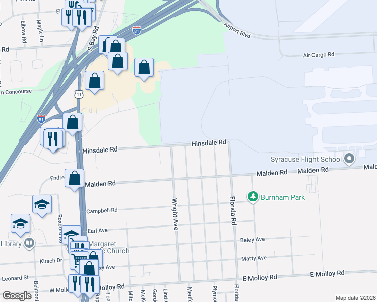 map of restaurants, bars, coffee shops, grocery stores, and more near 300 Hinsdale Road in Syracuse