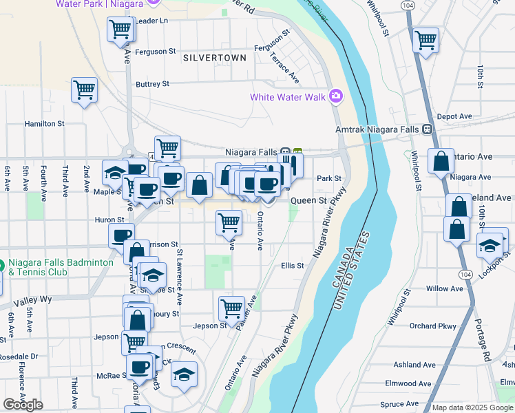 map of restaurants, bars, coffee shops, grocery stores, and more near 4388 Queen Street in Niagara Falls