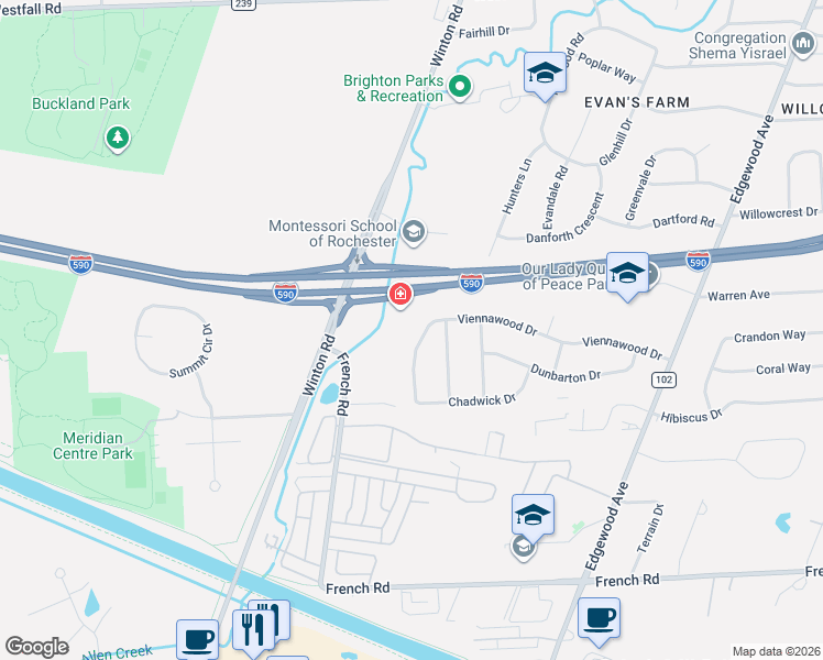 map of restaurants, bars, coffee shops, grocery stores, and more near 240 Viennawood Drive in Rochester